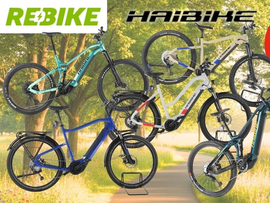 Fünf refurbished Haibike E-Bikes verschiedener Modelle in den Farben Türkis, Blau, Weiß-Rot und Petrol vor einem sonnigen Frühlingsweg mit Bäumen und Wildblumen. Oben links das Rebike-Logo, oben mittig das Haibike-Logo, rechts ein roter Button mit der Aufschrift „Bis -62 % Rabatt zur UVP".