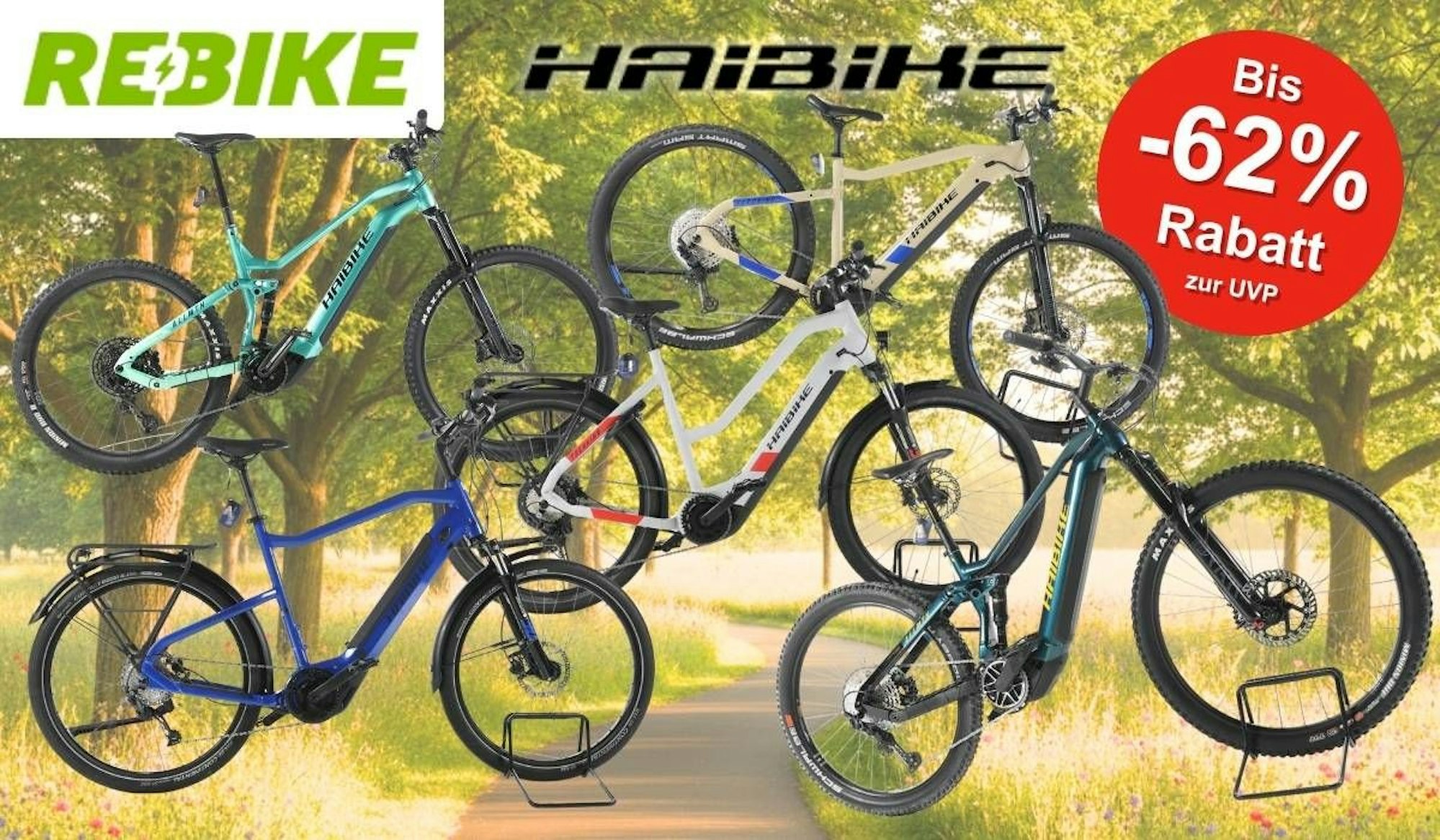 Fünf refurbished Haibike E-Bikes verschiedener Modelle in den Farben Türkis, Blau, Weiß-Rot und Petrol vor einem sonnigen Frühlingsweg mit Bäumen und Wildblumen. Oben links das Rebike-Logo, oben mittig das Haibike-Logo, rechts ein roter Button mit der Aufschrift „Bis -62 % Rabatt zur UVP".