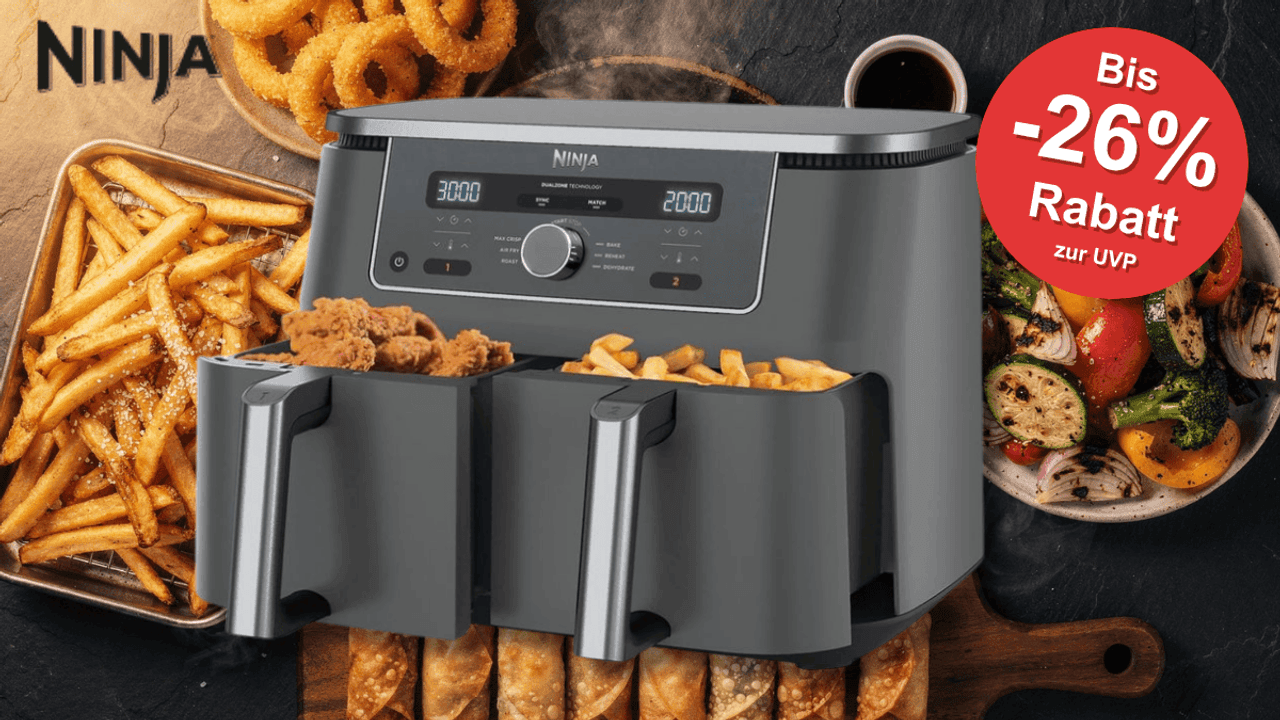 Die Ninja Kitchen Heißluftfritteuse MAX 6-in-1 Dual Zone.