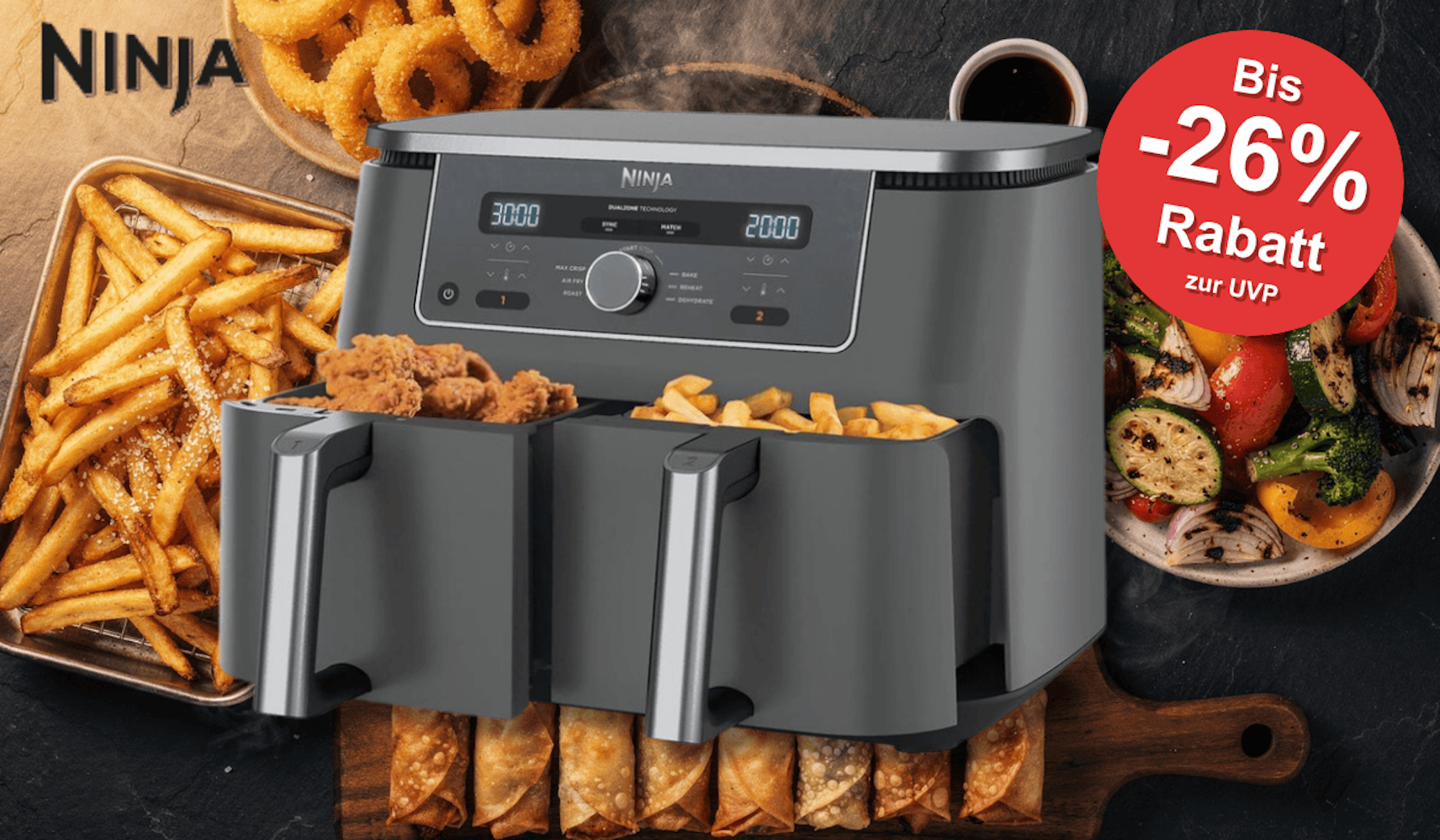 Die Ninja Kitchen Heißluftfritteuse MAX 6-in-1 Dual Zone.