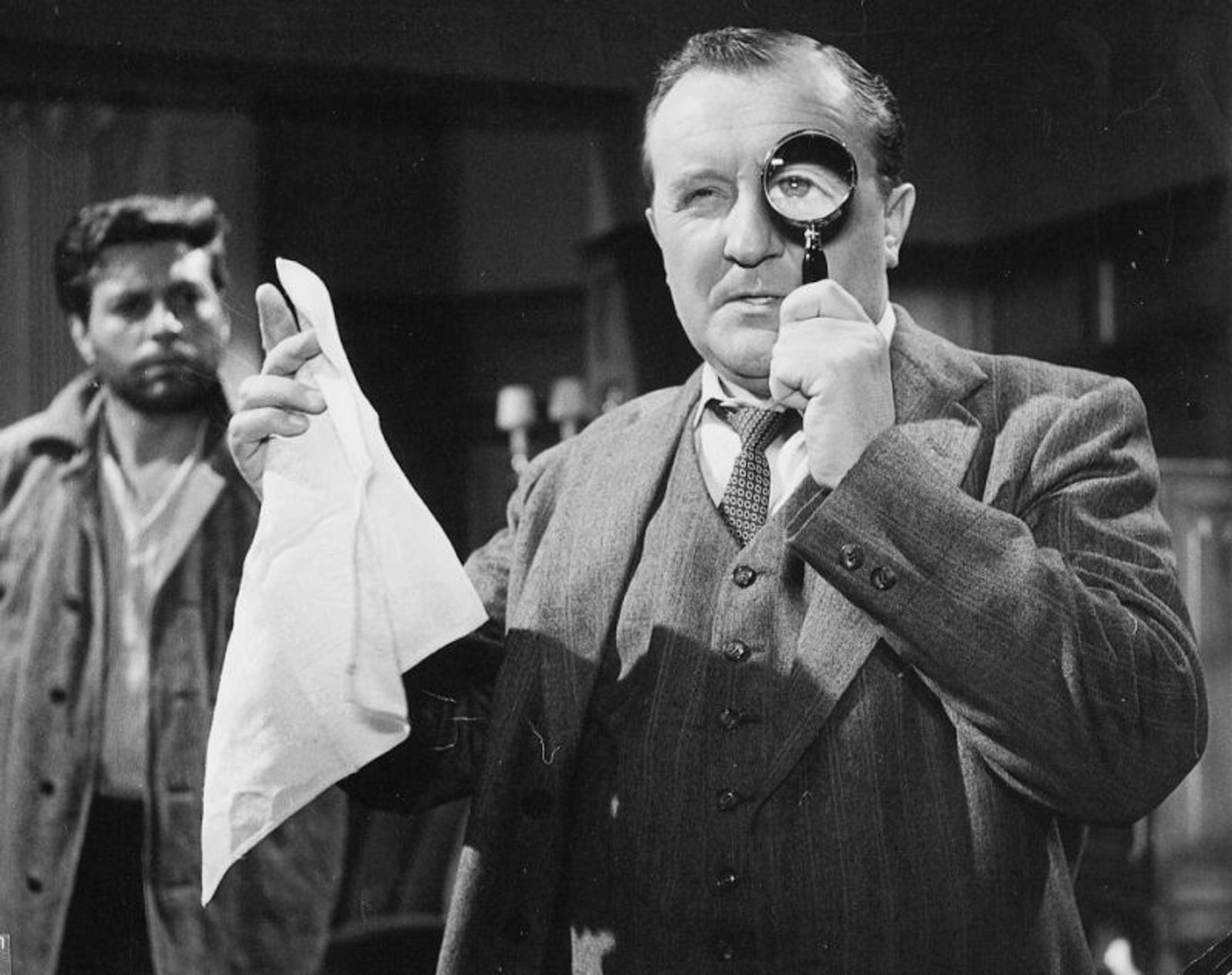 Siegfried Lowitz (Bild, rechts, aus „Der Frosch mit der Maske“) spielte in mehreren Edgar-Wallace-Filmen einen Inspektor. (Bild: Tobis Film)