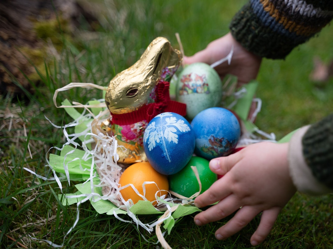 Ein kleiner Junge greift zu einem Osternest mit gefärbten Ostereiern und einem Schokohasen.