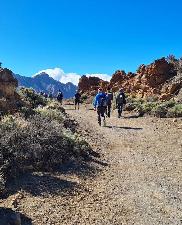 Menschen wandern auf Teneriffa zwischen Felsen.