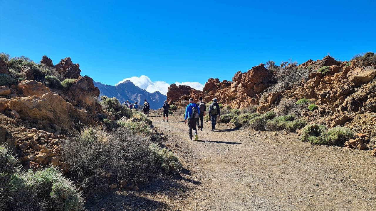 Menschen wandern auf Teneriffa zwischen Felsen.
