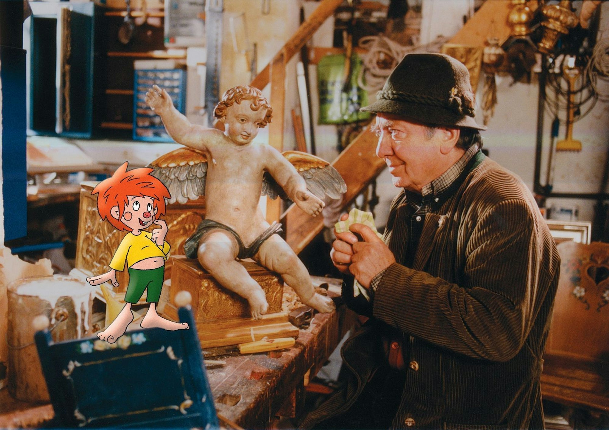 Pumuckl gab es auch im Kino: 1982 erschien „Meister Eder und sein Pumuckl“, 1994 „Pumuckl und der blaue Klabauter“ und 2003 „Pumuckl und sein Zirkusabenteuer“ (Bild) mit Hans Clarin als Ferdinand Eder. (Bild: Movienet)