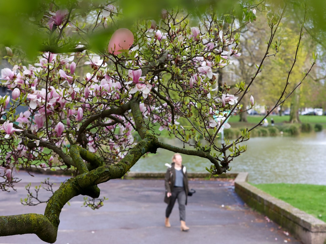 Ein Fussgänger ist mit Winterjacke und Regenschirm im Theodor-Heuss-Park unterwegs – beides kann er in dieser Woche getrost im Schrank lassen.