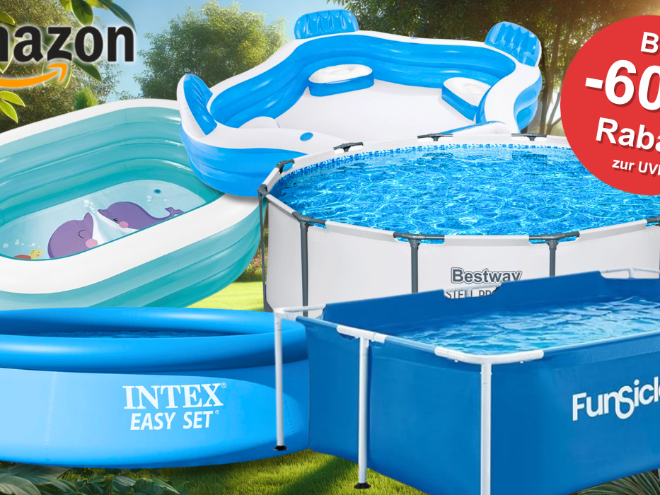 Eine Darstellung von 5 Pools vor einem Garten.