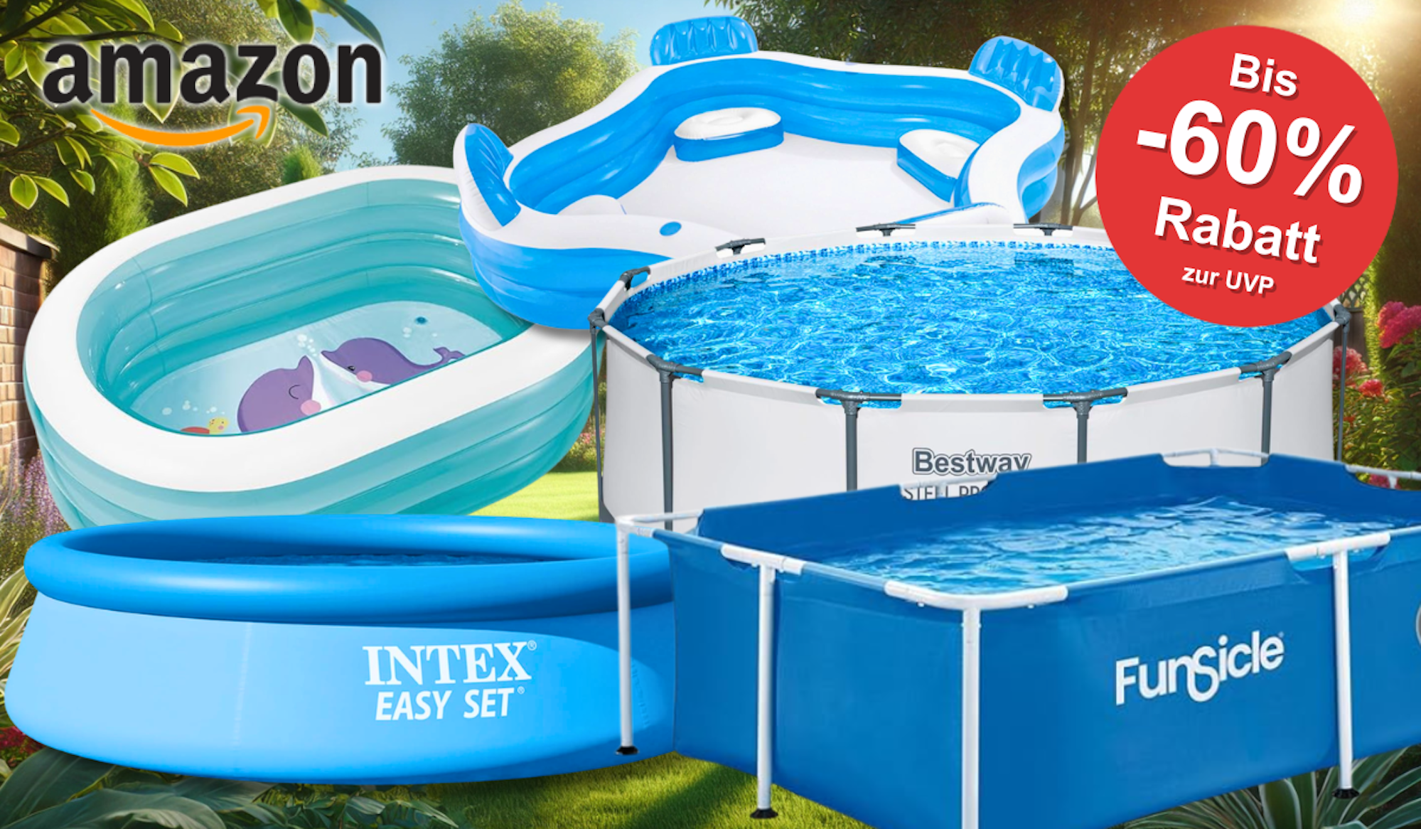 Eine Darstellung von 5 Pools vor einem Garten.