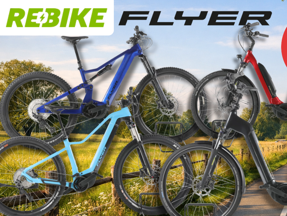 4 verschiedene Flyer E-Bikes vor einem Radweg.