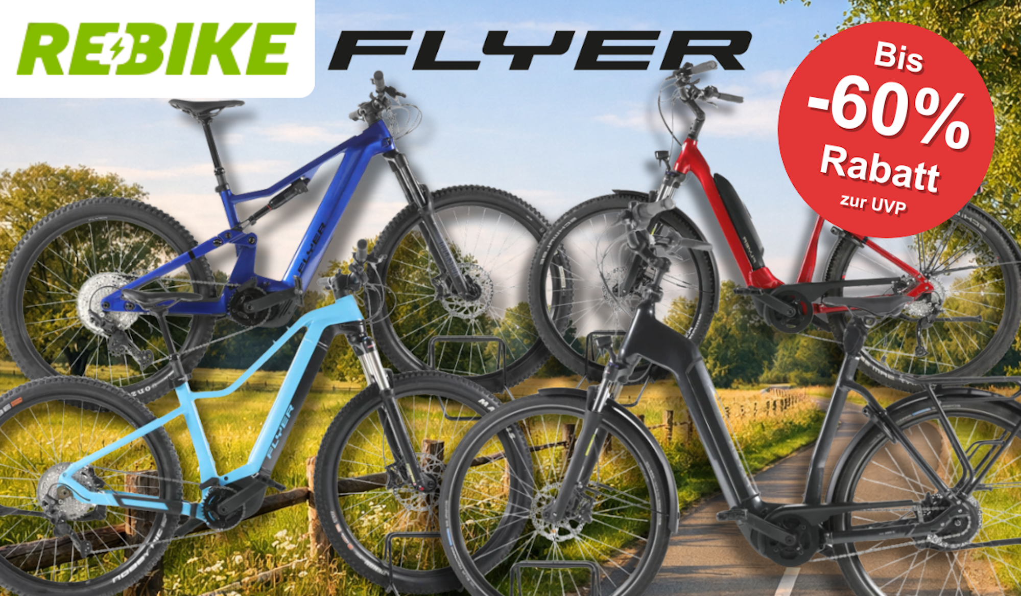 4 verschiedene Flyer E-Bikes vor einem Radweg.