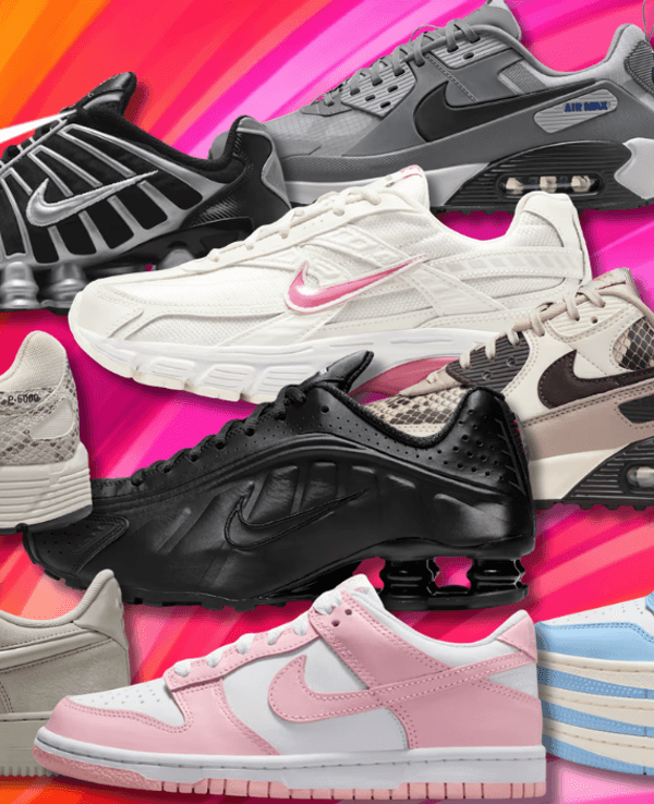 Eine Darstellung von verschiedenen Nike Sneakern vor einem bunten Hintergrund.