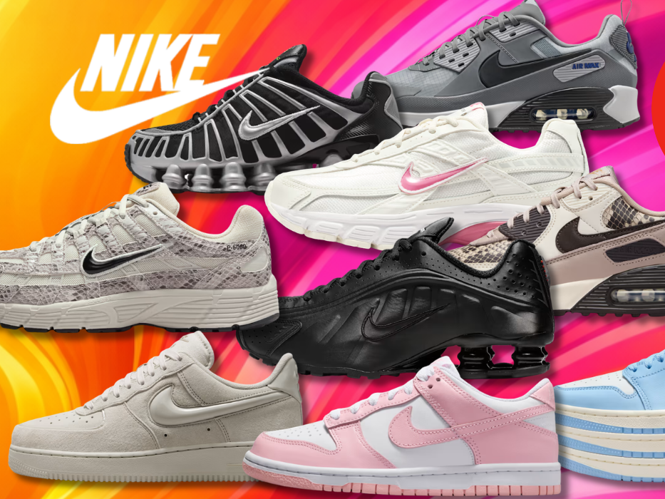 Eine Darstellung von verschiedenen Nike Sneakern vor einem bunten Hintergrund.