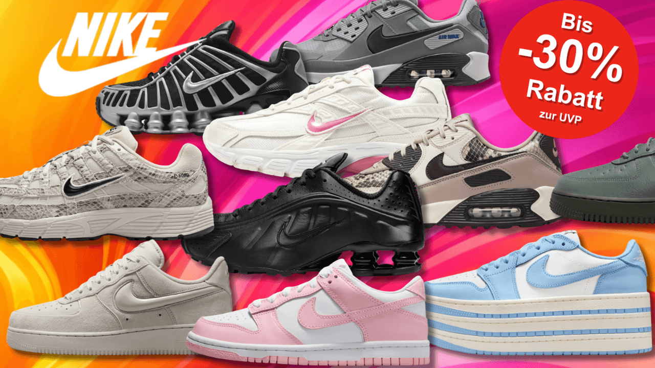 Eine Darstellung von verschiedenen Nike Sneakern vor einem bunten Hintergrund.