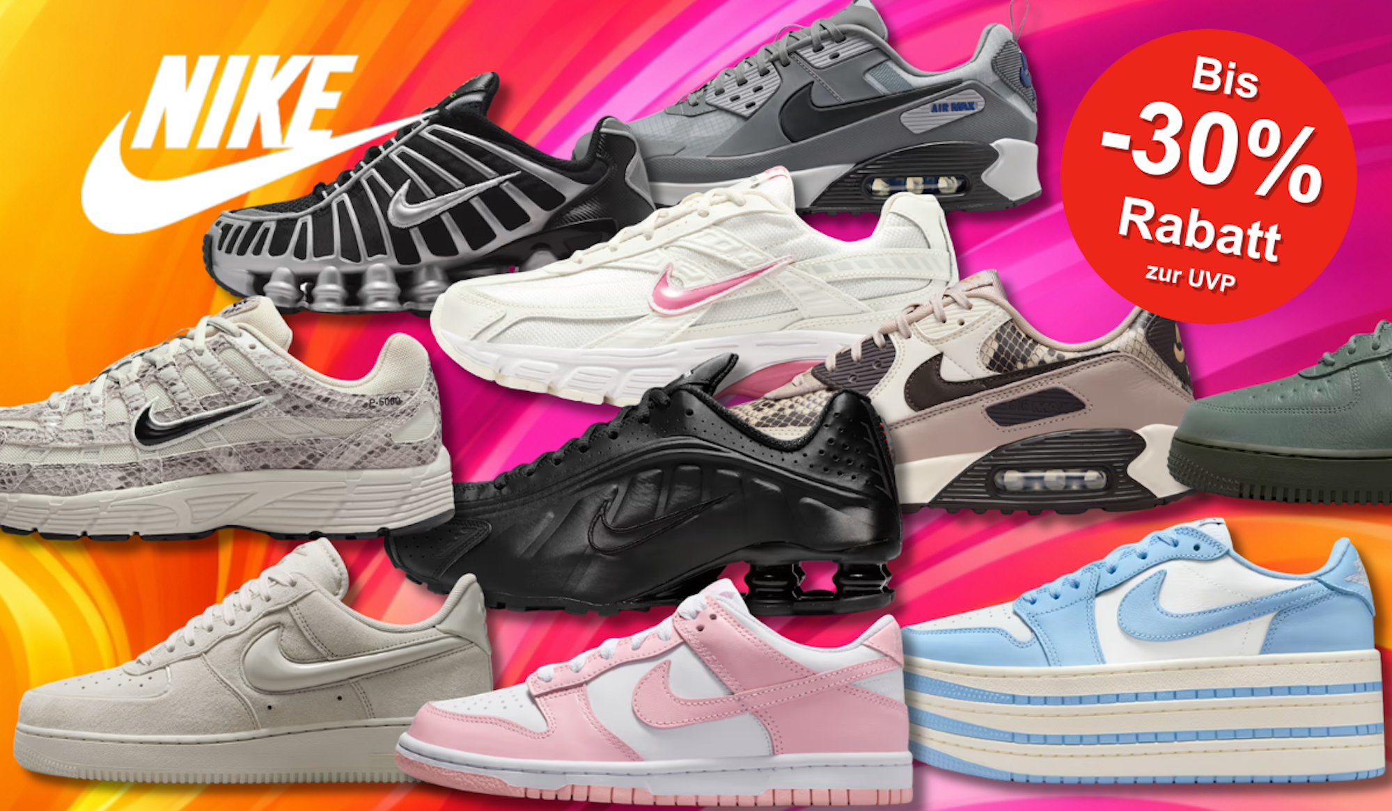 Eine Darstellung von verschiedenen Nike Sneakern vor einem bunten Hintergrund.