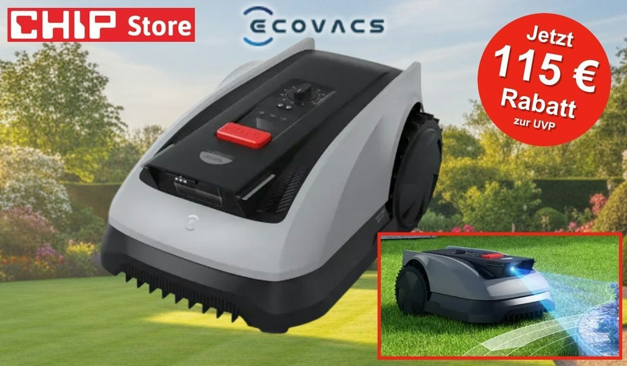 ECOVACS Goat O600 RTK Mähroboter im CHIP Store mit 115 Euro Rabatt zur UVP – smarter RTK-Mähroboter mit KI-Hinderniserkennung für Gärten bis 600 m². m Hintergrund ein grüner, sauber geschnittener Rassen in einem Garten.