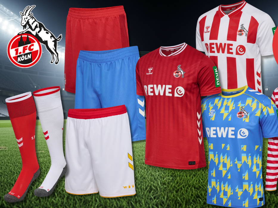 1. FC Köln Trikots, Hosen und Stutzen vor einem Stadion Hintergrund.