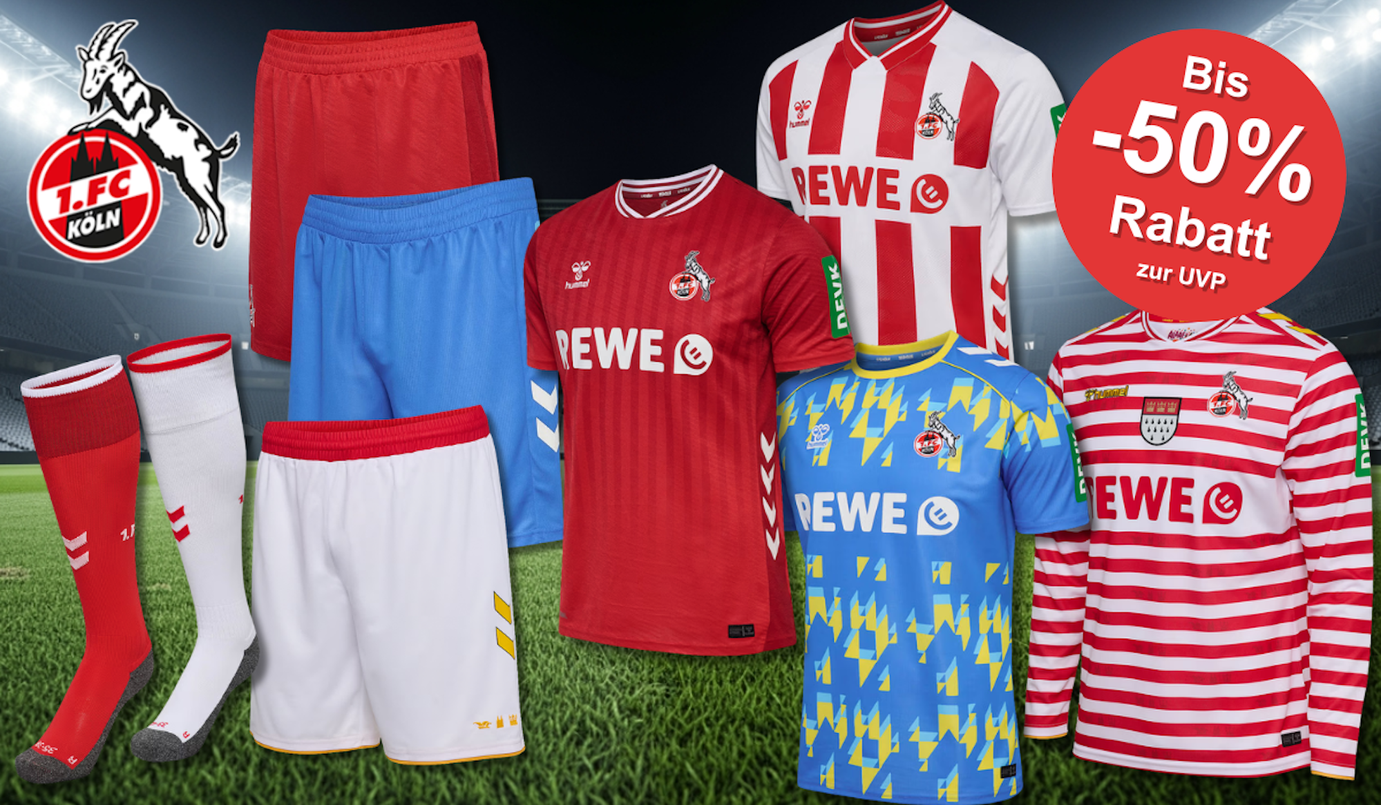 1. FC Köln Trikots, Hosen und Stutzen vor einem Stadion Hintergrund.