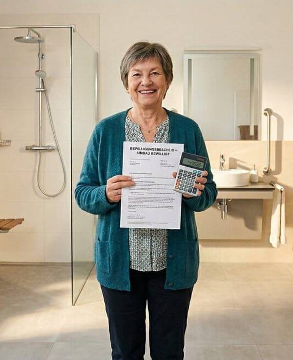 Eine Frau steht in einem altersgerecht umgebauten Badezimmer und hält ein Dokument in der Hand.