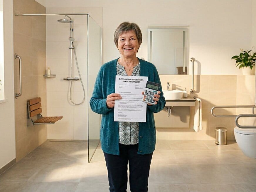 Eine Frau steht in einem altersgerecht umgebauten Badezimmer und hält ein Dokument in der Hand.