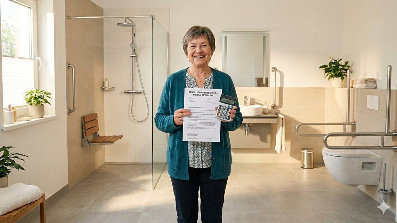 Eine Frau steht in einem altersgerecht umgebauten Badezimmer und hält ein Dokument in der Hand.
