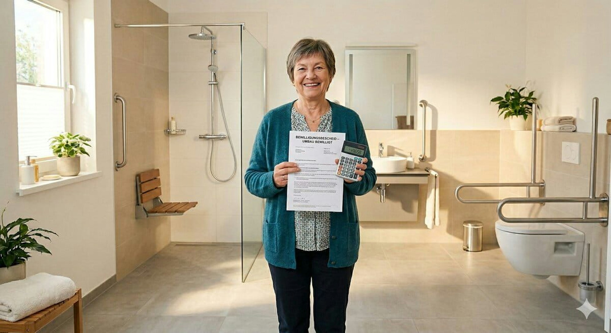 Eine Frau steht in einem altersgerecht umgebauten Badezimmer und hält ein Dokument in der Hand.