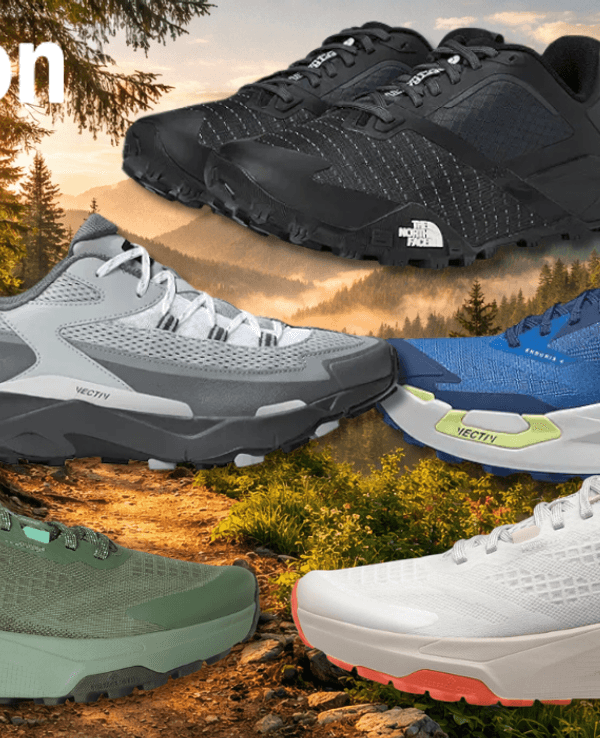 5 The North Face Sneaker Modelle vor einem Wanderweg abgebildet.