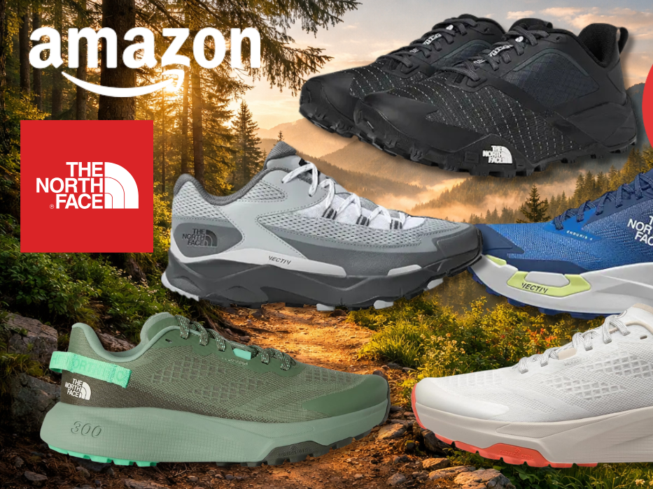 5 The North Face Sneaker Modelle vor einem Wanderweg abgebildet.