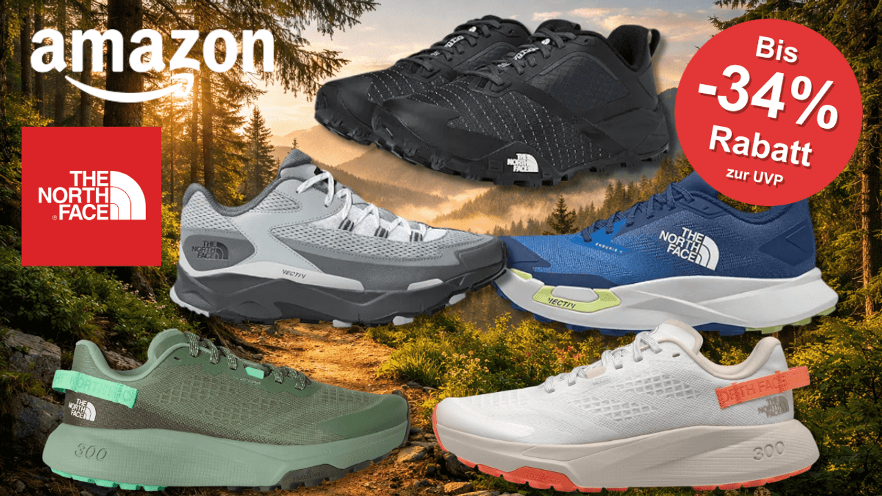 5 The North Face Sneaker Modelle vor einem Wanderweg abgebildet.