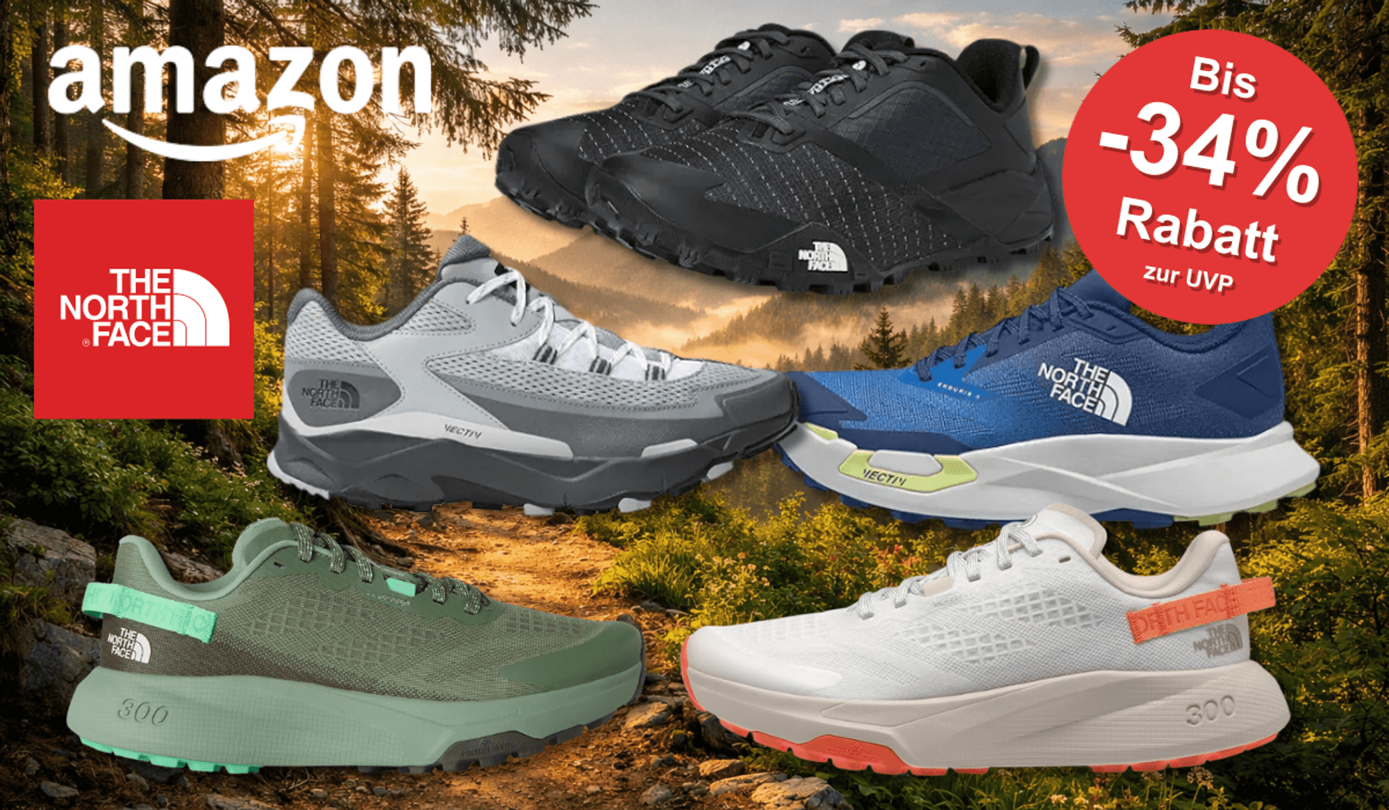 5 The North Face Sneaker Modelle vor einem Wanderweg abgebildet.