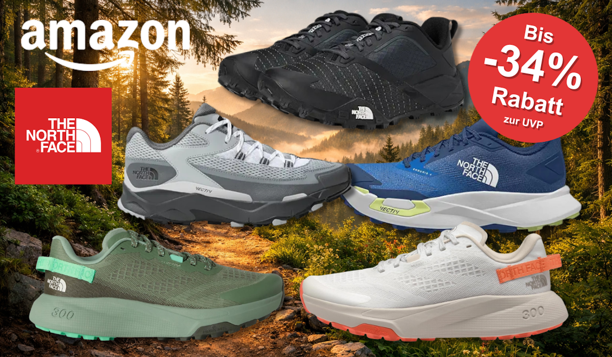 5 The North Face Sneaker Modelle vor einem Wanderweg abgebildet.