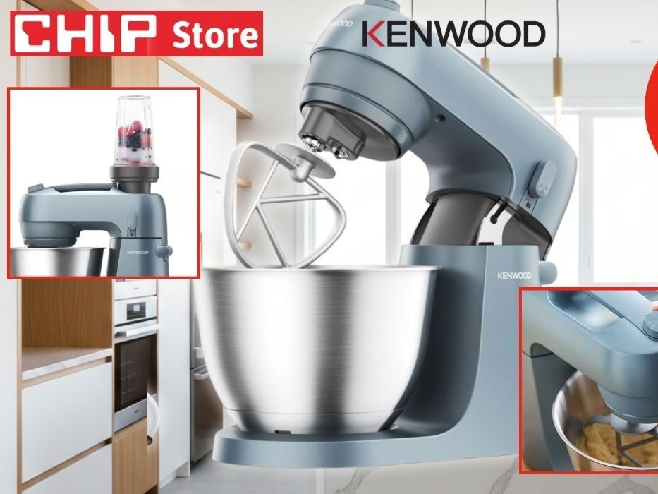 Kenwood Go Küchenmaschine KZM35.040GY in Blaugrau mit 4-Liter-Edelstahlschüssel und K-Haken vor moderner heller Küche.