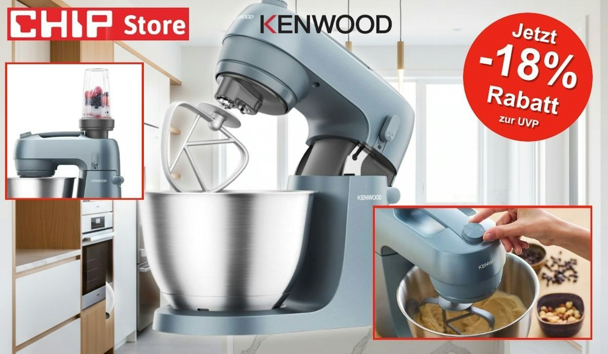 Kenwood Go Küchenmaschine KZM35.040GY in Blaugrau mit 4-Liter-Edelstahlschüssel und K-Haken vor moderner heller Küche.