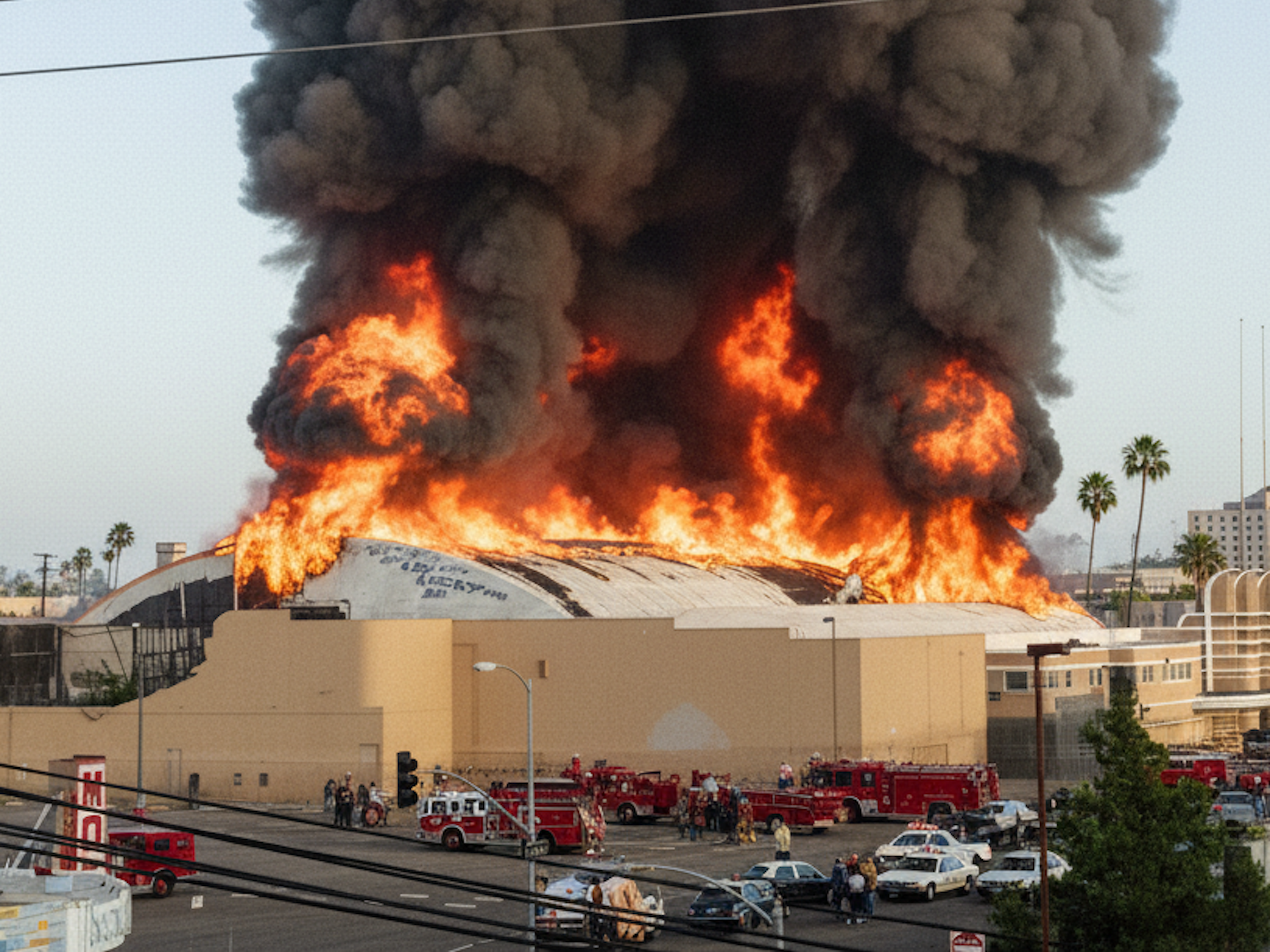 Das brennende Pan-Pacific Auditorium im Jahr 1989.