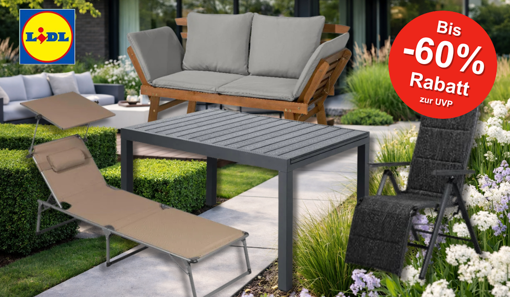 Eine sonnige Gartenszene mit verschiedenen stilvollen Gartenmöbeln aus dem Lidl Onlineshop, darunter Loungesets, eine Gartenliege, ein Sonnenschirm und eine Hollywoodschaukel.