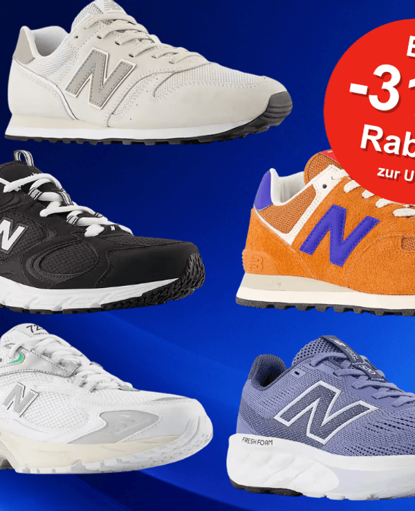 Unterschiedliche New Balance Sneaker Modelle vor einem blauen Hintergrund.