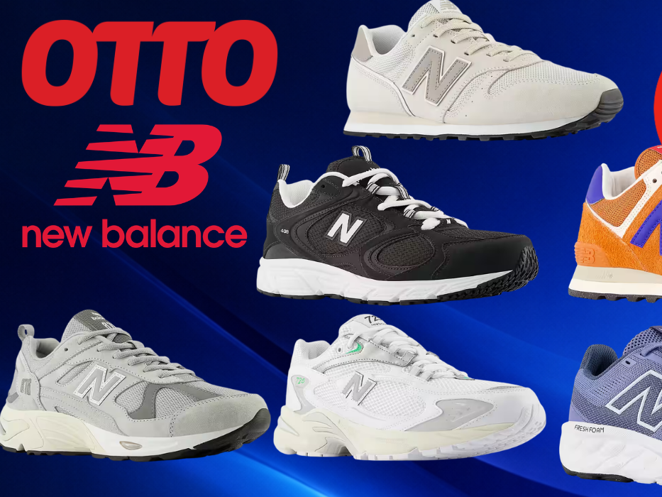 Unterschiedliche New Balance Sneaker Modelle vor einem blauen Hintergrund.