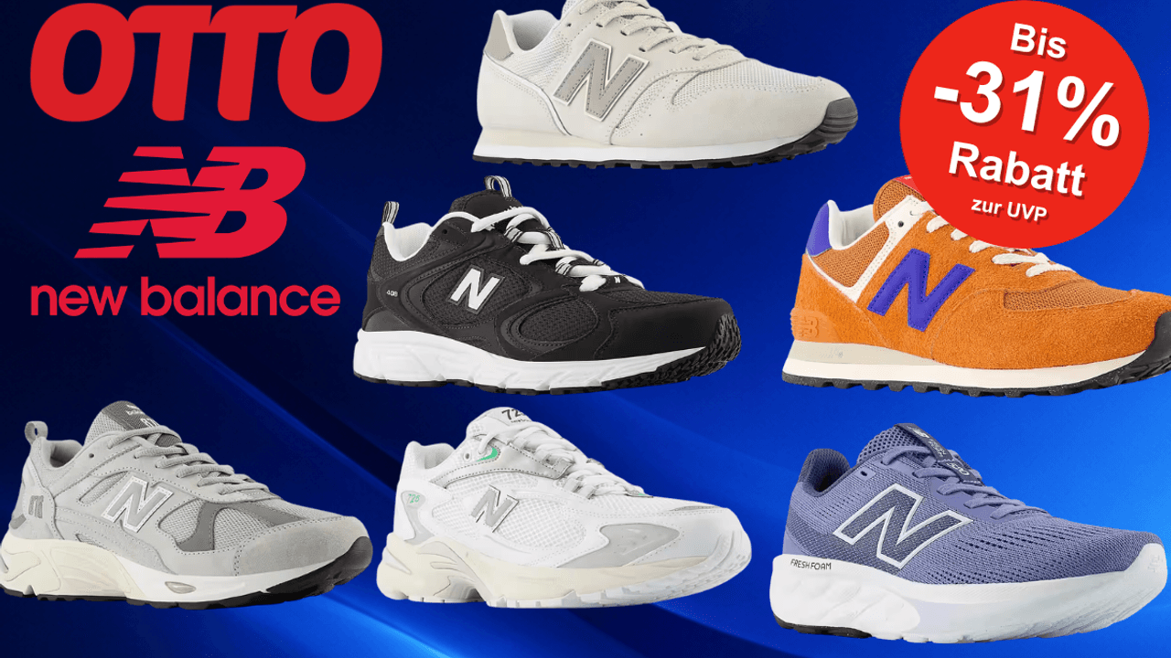 Unterschiedliche New Balance Sneaker Modelle vor einem blauen Hintergrund.
