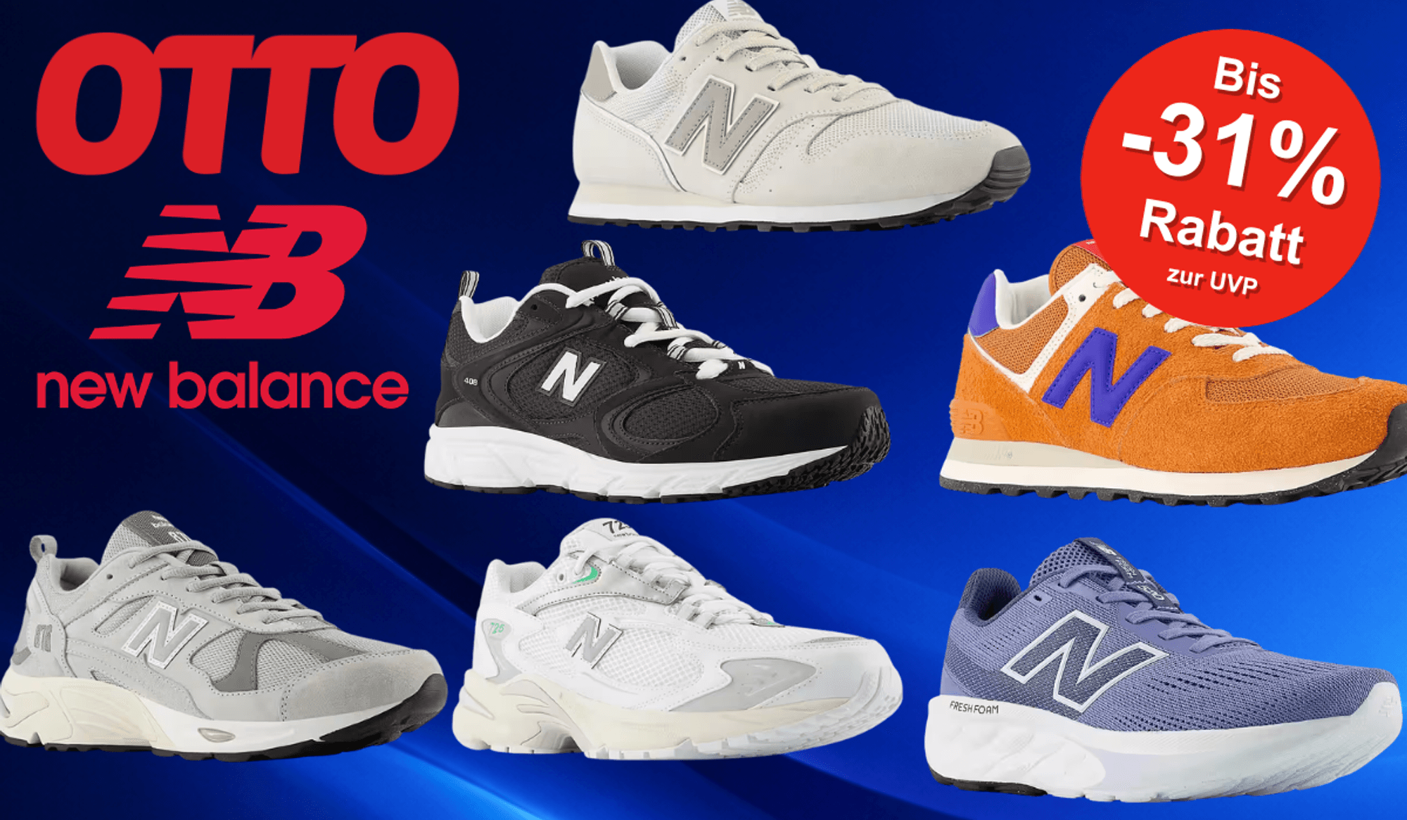 Unterschiedliche New Balance Sneaker Modelle vor einem blauen Hintergrund.