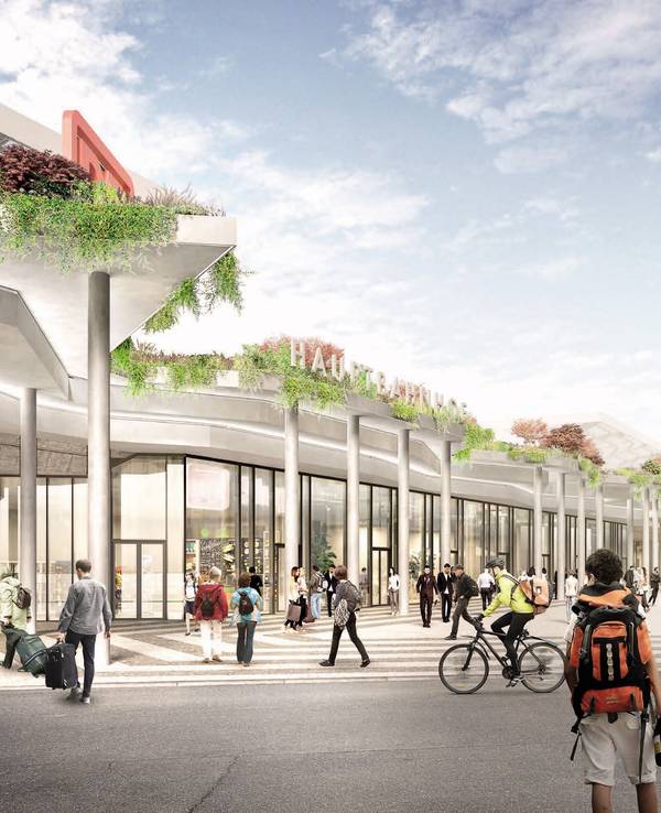 Die Visualisierung zeigt Menschen auf dem Breslauer Platz in Köln, wie er einmal aussehen soll. Viel Grün und eine gläserne Fassade des Hauptbahnhofs.
