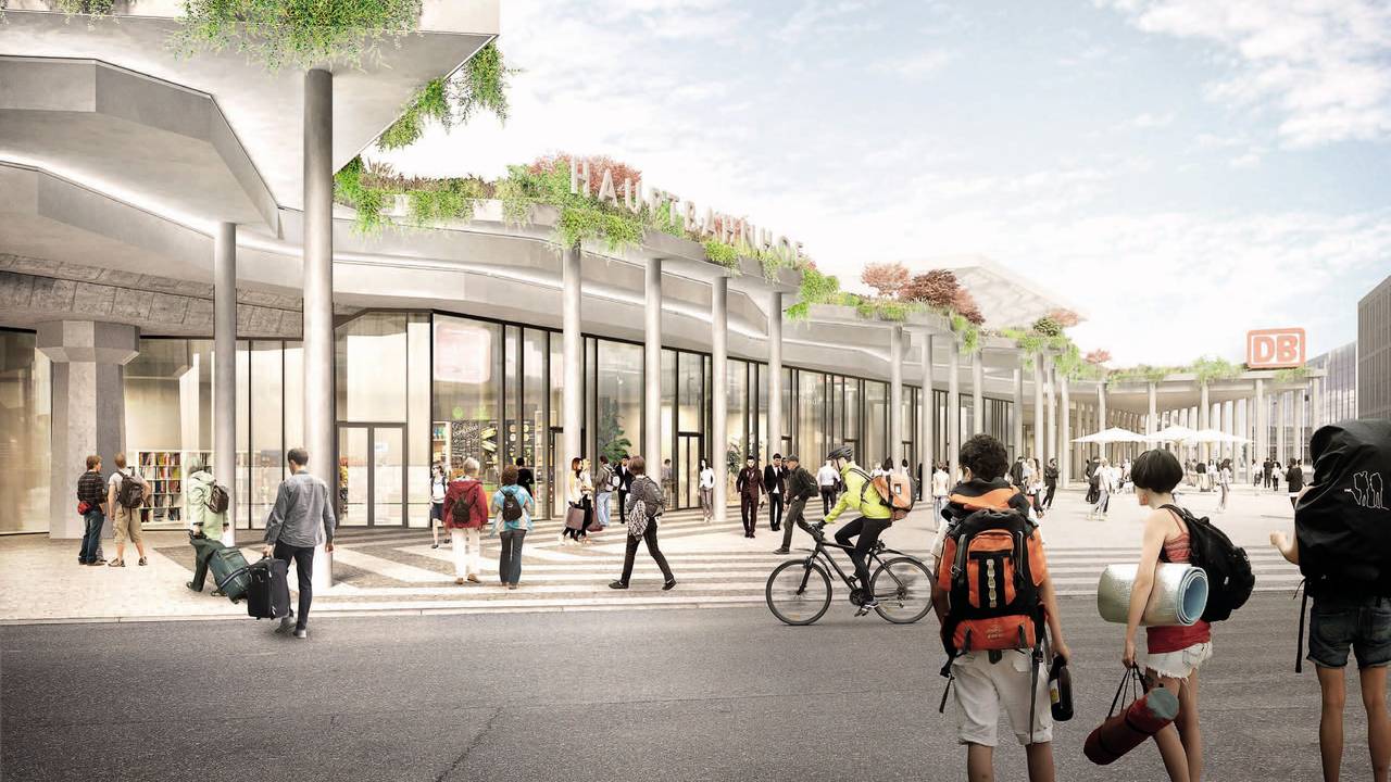 Die Visualisierung zeigt Menschen auf dem Breslauer Platz in Köln, wie er einmal aussehen soll. Viel Grün und eine gläserne Fassade des Hauptbahnhofs.
