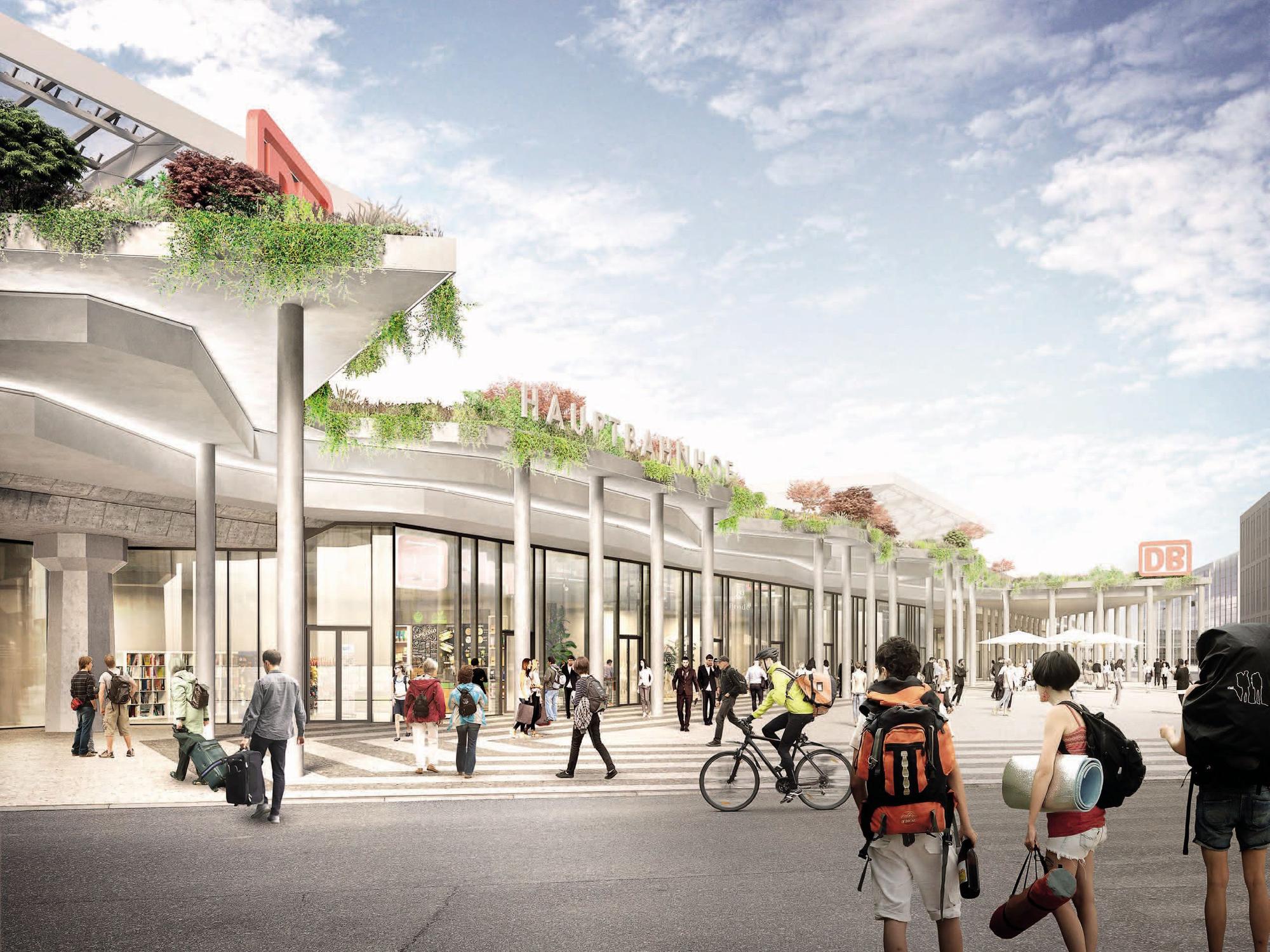 Die Visualisierung zeigt Menschen auf dem Breslauer Platz in Köln, wie er einmal aussehen soll. Viel Grün und eine gläserne Fassade des Hauptbahnhofs.