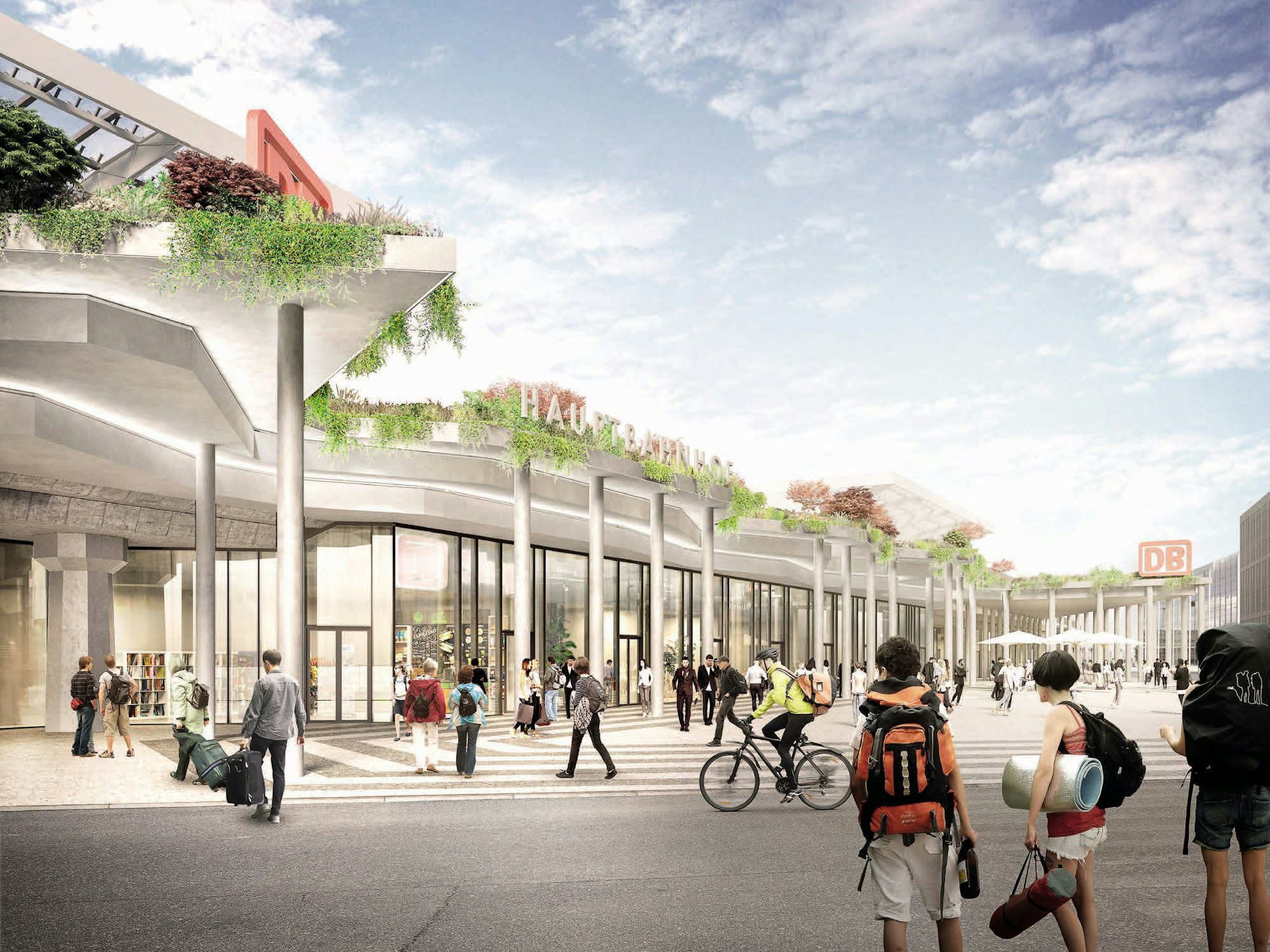 Die Visualisierung zeigt Menschen auf dem Breslauer Platz in Köln, wie er einmal aussehen soll. Viel Grün und eine gläserne Fassade des Hauptbahnhofs.