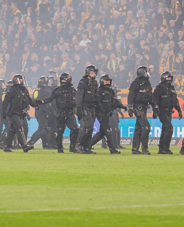 Beim Spiel von Dynamo Dresden stehen Polizisten in Einsatzmontur auf dem Rasen.