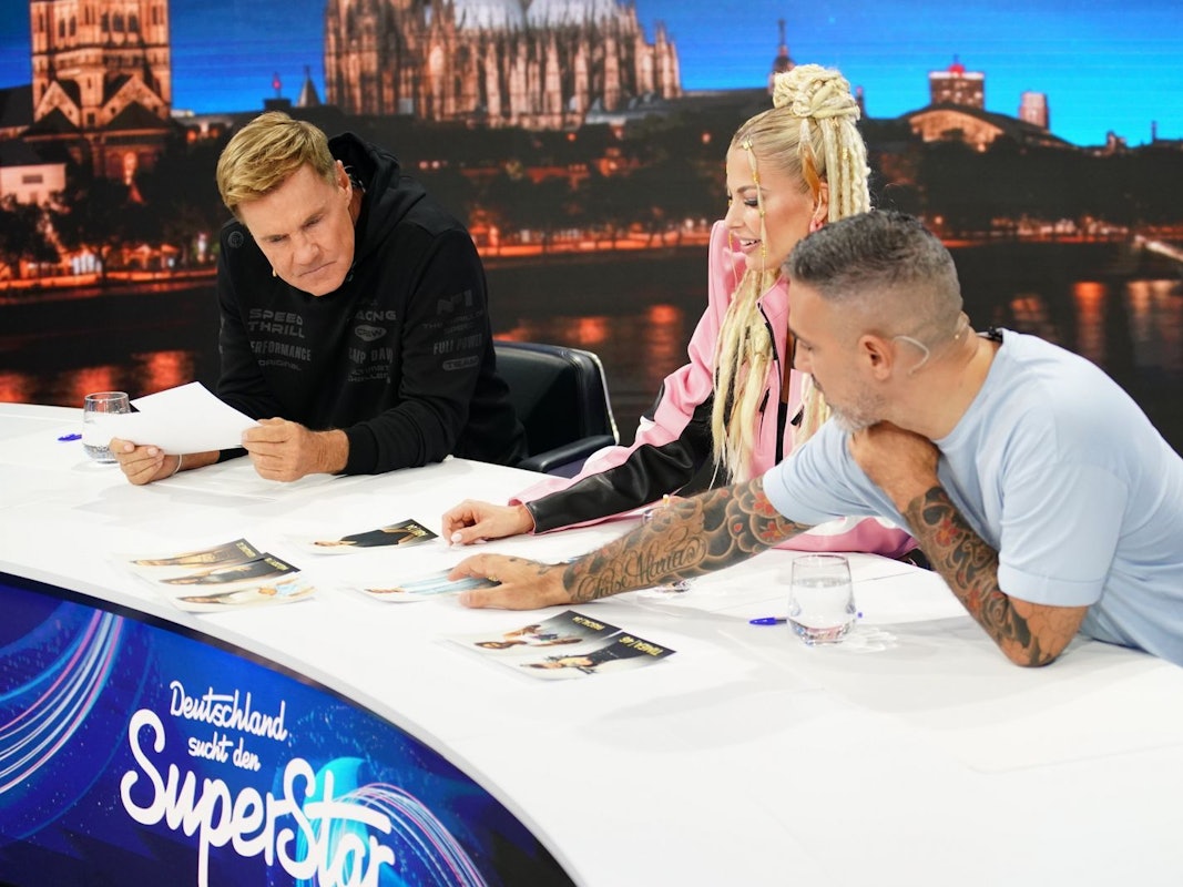 Taff Job: Die DSDS-Juroren Dieter Bohlen, Isi Glück und Bushido (von links) sind nicht immer einer Meinung. (Bild: RTL/Stefan Gregorowius)