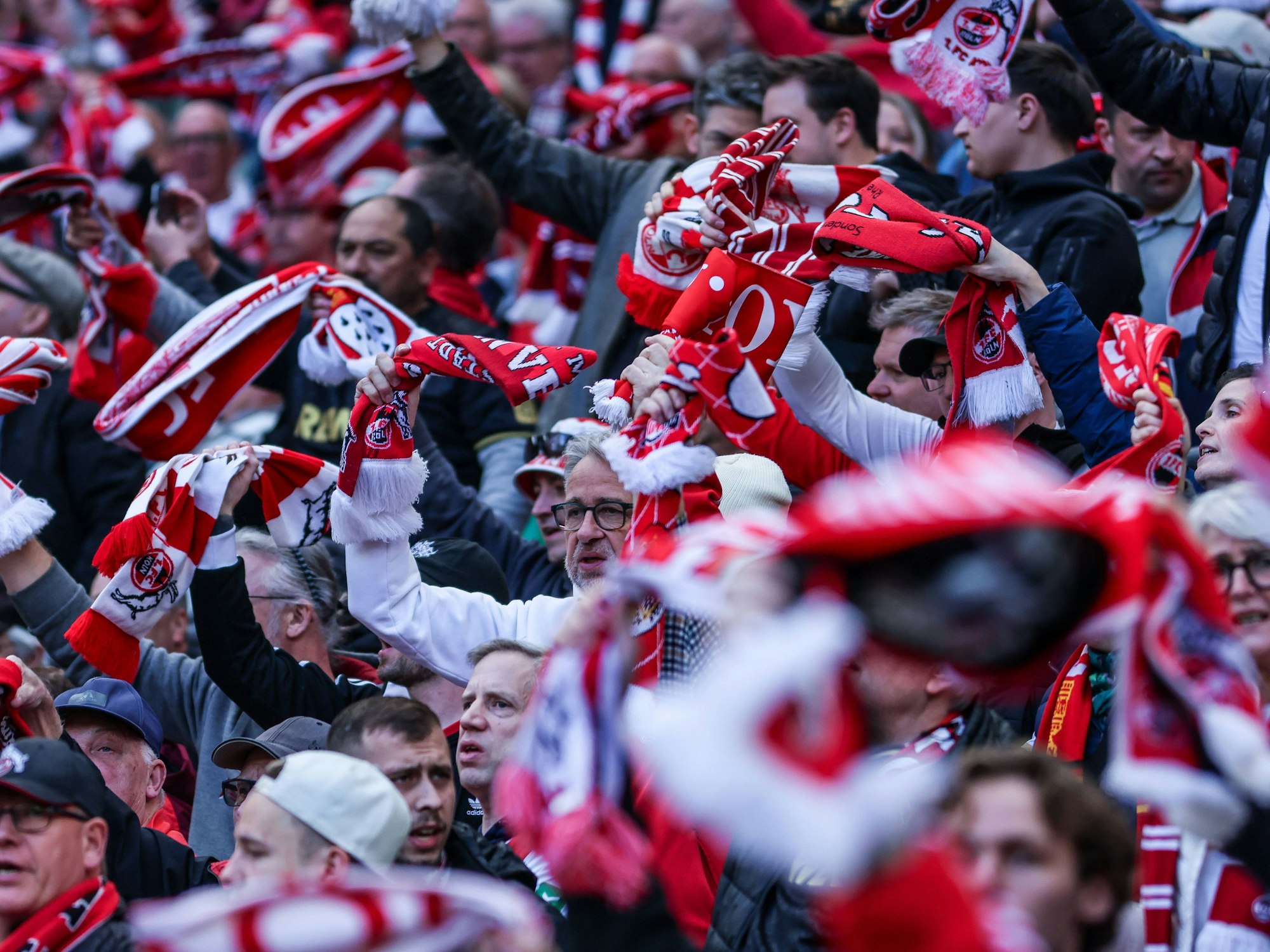 Fans des 1. FC Köln singen und feiern ihre Mannschaft im Rhein-Energie-Stadion.