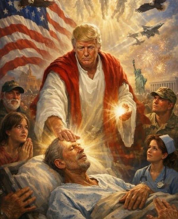 Ein KI-generiertes Bild zeigt US-Präsident Donald Trump als Verkörperung von Jesus, der seine Hand auf die Stirn eines Kranken legt.