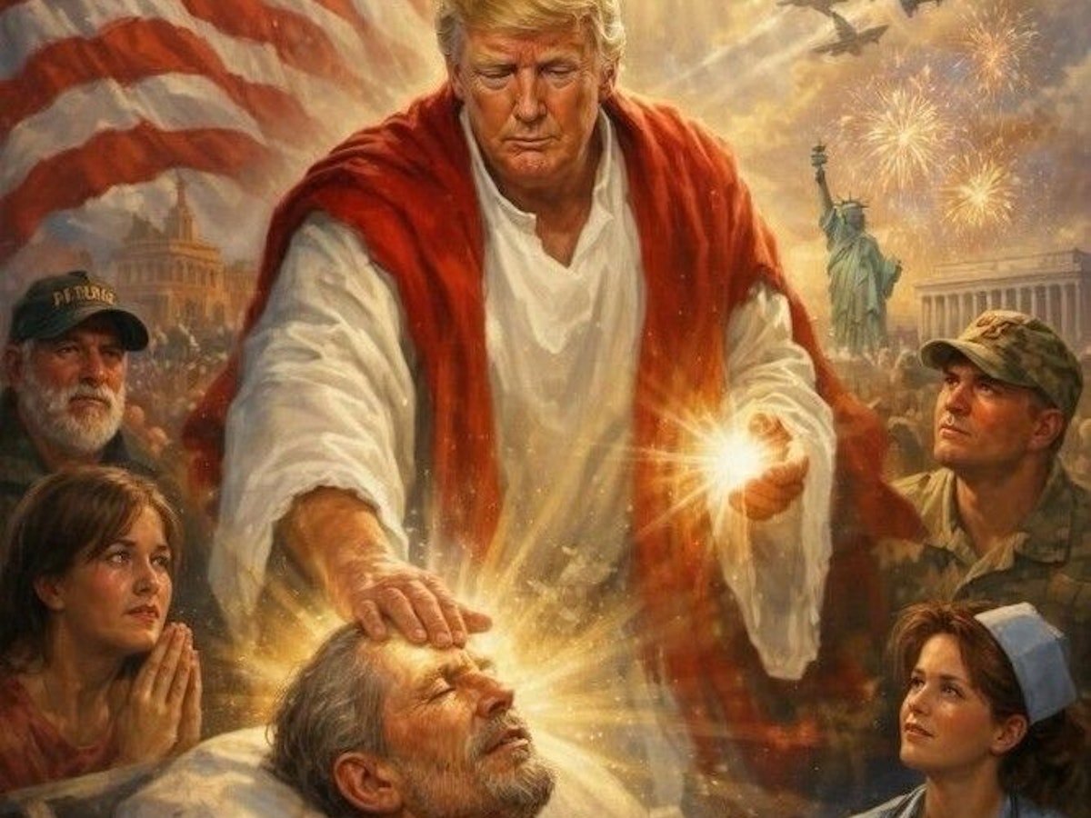 Ein KI-generiertes Bild zeigt US-Präsident Donald Trump als Verkörperung von Jesus, der seine Hand auf die Stirn eines Kranken legt.