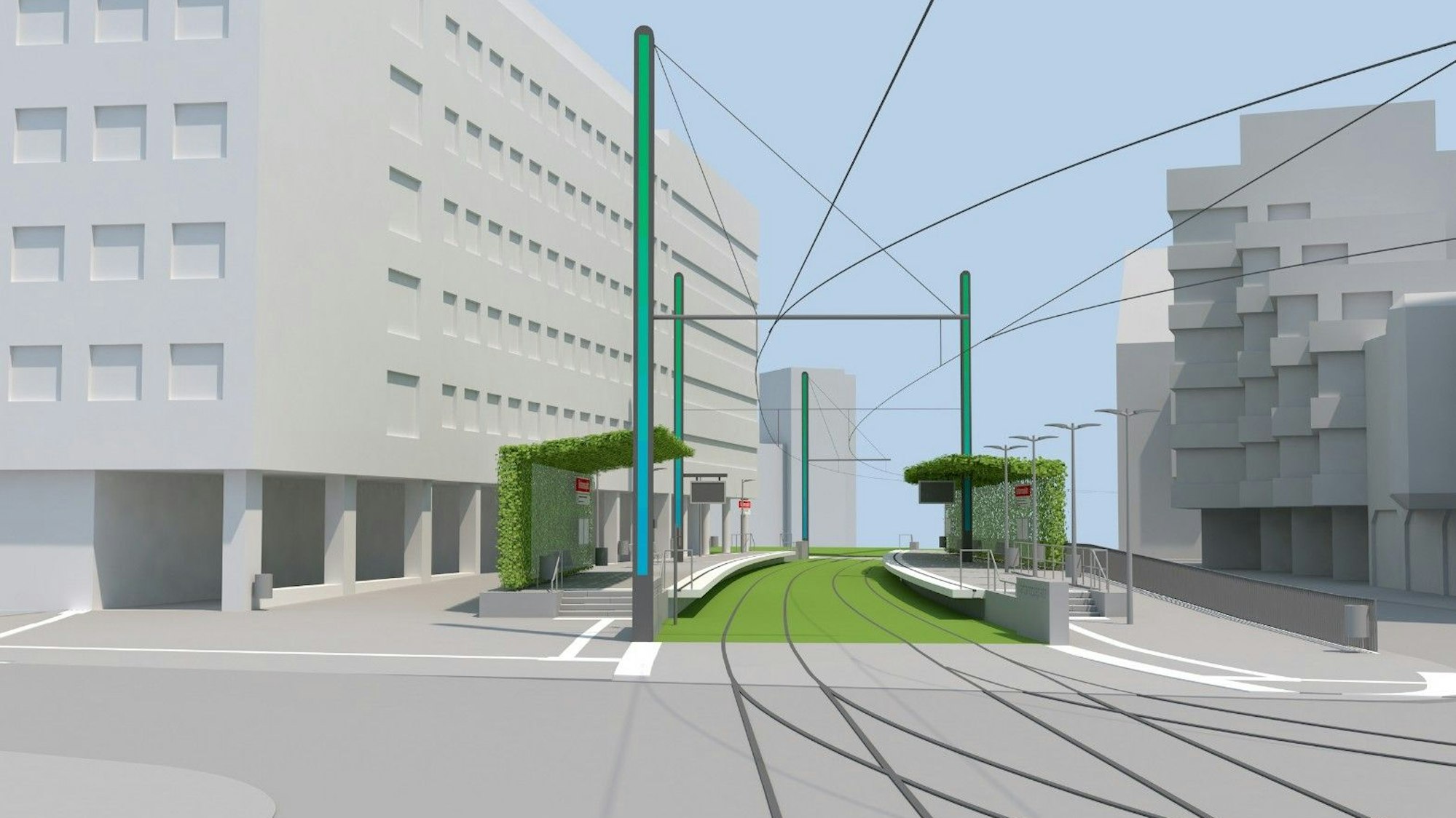 Animation einer Bahnhaltestelle, die beiden Wartehäuschen sind grün bewachsen.