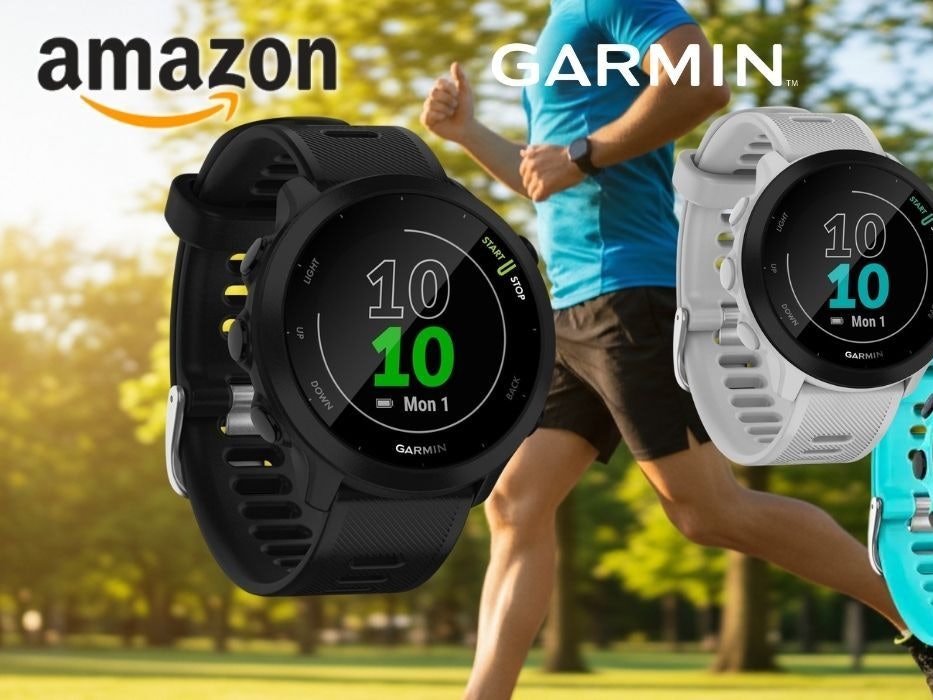Garmin Forerunner 55 GPS-Laufuhr in drei Farben (Schwarz, Weiss, Mint) vor einem joggenden Mann im Park bei Sonnenschein, mit Amazon-Logo und Sale-Badge: Jetzt bis -33% Rabatt zur UVP