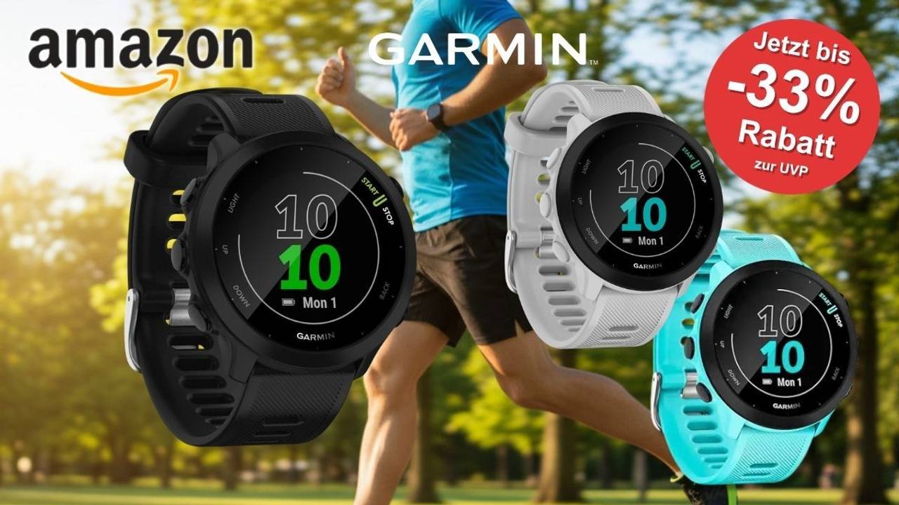 Garmin Forerunner 55 GPS-Laufuhr in drei Farben (Schwarz, Weiss, Mint) vor einem joggenden Mann im Park bei Sonnenschein, mit Amazon-Logo und Sale-Badge: Jetzt bis -33% Rabatt zur UVP